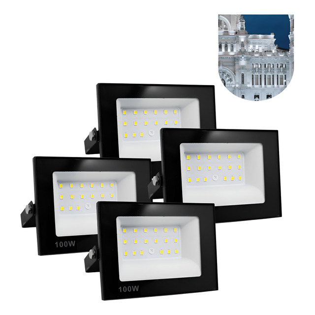 Kit 4 Refletor Led 100w Holofote Bivolt Prova Dagua Frio Preto Branco-frio