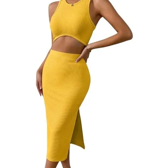 Conjunto Dama Crop Top Y Falda Larga Amarillo