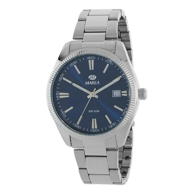 Reloj Pulsera Análogo Marea Watch B41376 Correa Plateado Bisel Plateado Fondo Azul Oscuro