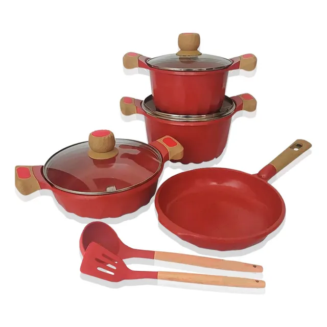 Juego De Ollas Valeska De Granito Super 7+2 Utensilios Rojo