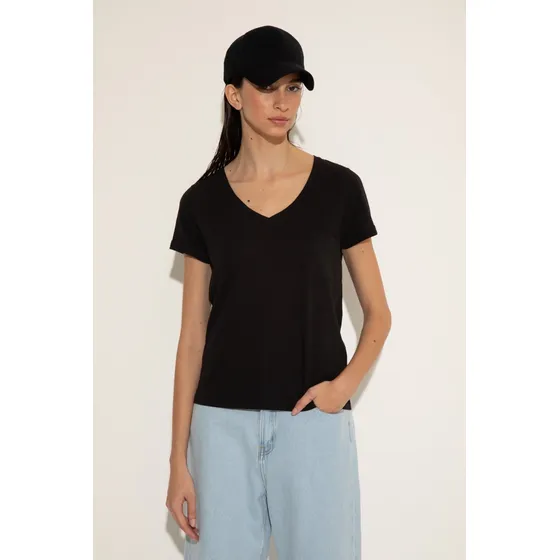 Remera Manga Corta Escote V Algodón Peruano Mujer Portsaid