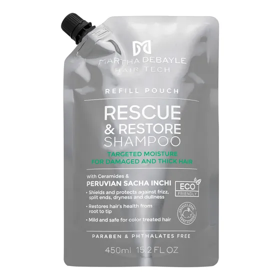 MARTHA DEBYALE HAIR TECH Rescue & Restore Shampoo Pouch. Restauración, con Sacha Inchi Peruano, 450 ml.