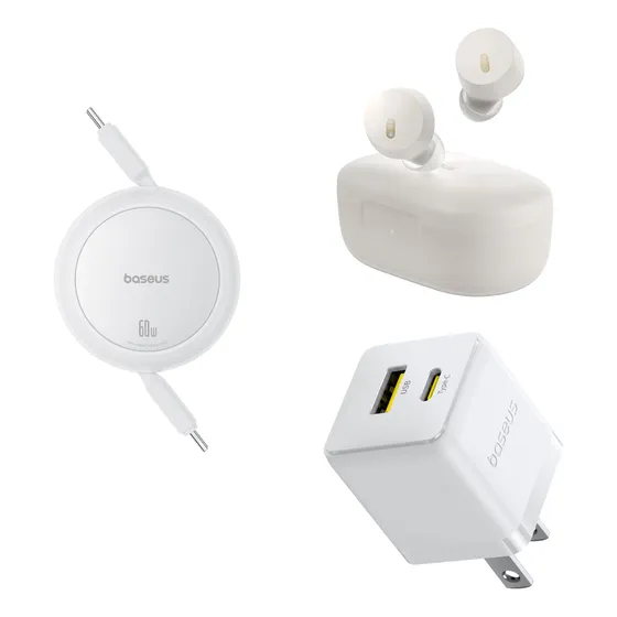 Kit Baseus Audifonos Inalámbricos Bowie E18 Bluetooth 5.3 7hrs De Reproducción + Cargador De Pared 2 Puertos Usb A Y Tipo C 30 W + Cable Retráctil Tipo C A Tipo C Carga Rápida