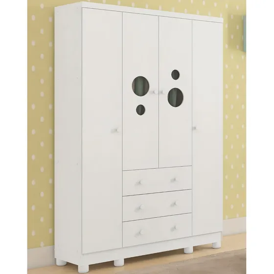 Guarda Roupa Infantil Bolinha 4 Portas 100% Mdf Peroba Bolinha Cor Branco Brilho