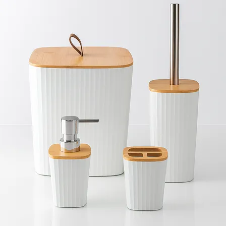 Kit Banheiro Completo Lixeira Porta Escova Sabonete Bambu