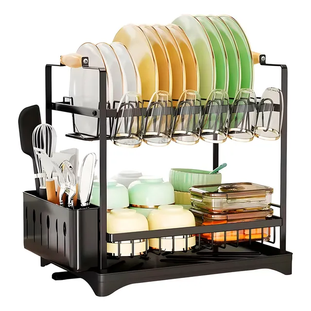 Escurridor Platos Trastes 2 Niveles 360° Drenaje Automático Color Negro