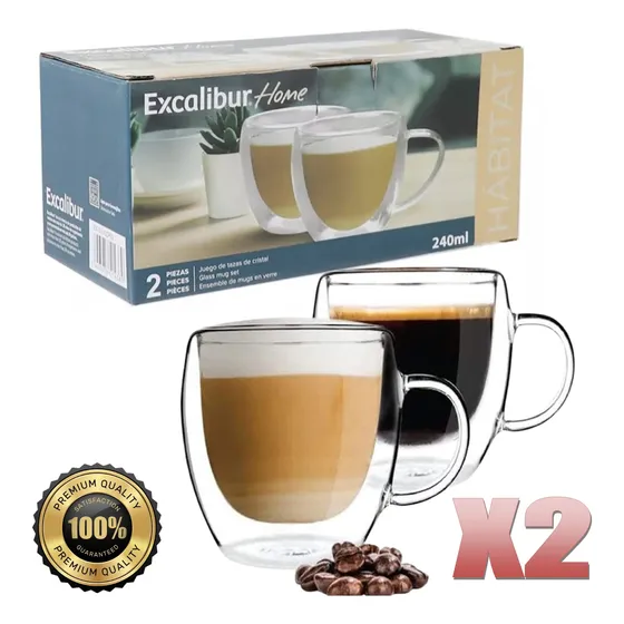 Juego 2 Tazas De Café De Vidrio Doble Transparente 240ml
