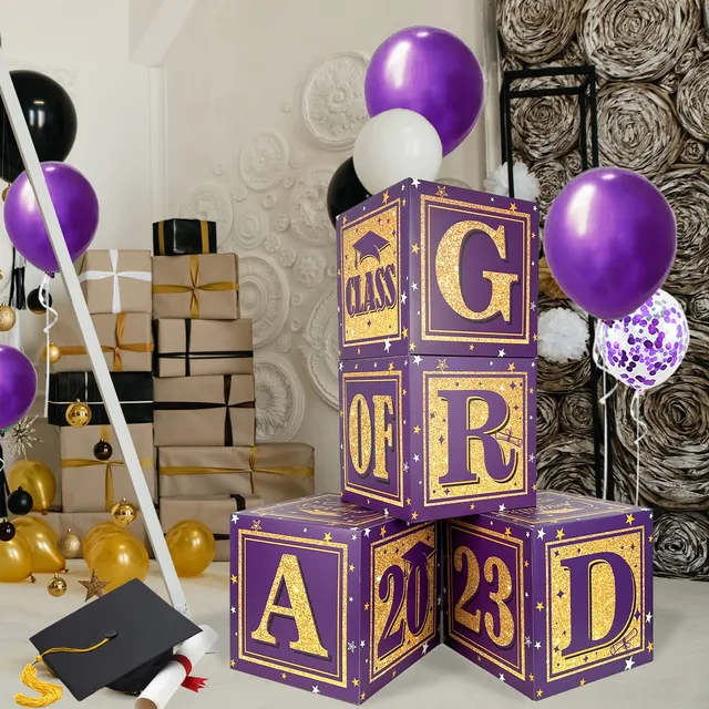Caja Tarjeta Graduacion Morada Dorada Juego 4 Globo Letra Of
