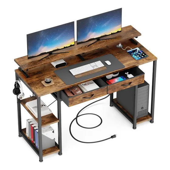 Escritorio Con Repisa 120cm Puerto Usb Ganchos Cajones Escritorio Con Estante Pata Métrica Oficina Vidita Color Madera Antigua