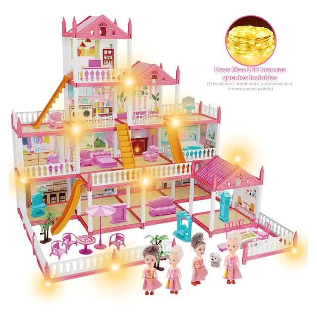 Casinha De Boneca Castelo Da Princesa 283 Pcs Rosa Com Quatro Bonecas