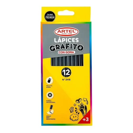 Estuche 12 Lápices Grafito Hb Con Goma Artel