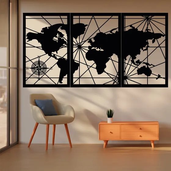 Cuadro Artesanal Tríptico Mapamundi Calado En Mdf - 100x50cm