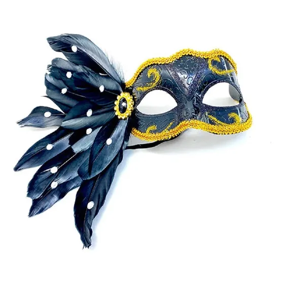 Antifaz Veneciano Pluma Negro Dorado Cotillón Activarte