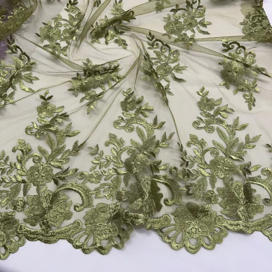 Tecido Tule Bordado Juliana 1,35m Para Roupas Festa Noivas Cor Verde Oliva