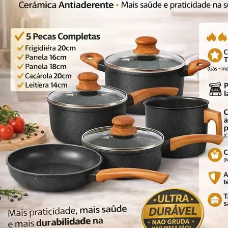 Jogo De Panelas Cerâmico Triplo Indução Vitrex Ecoglid 5 Peças Cor Preto Granito
