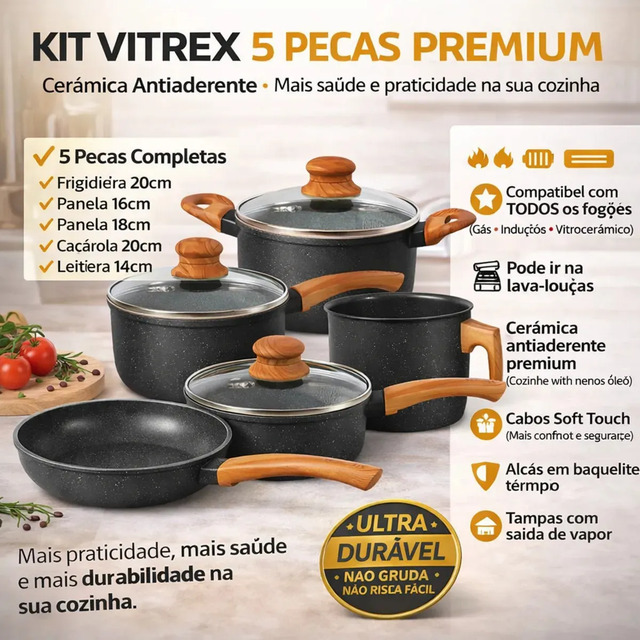 Jogo De Panelas Cerâmico Triplo Indução Vitrex Ecoglid 5 Peças Cor Preto Granito