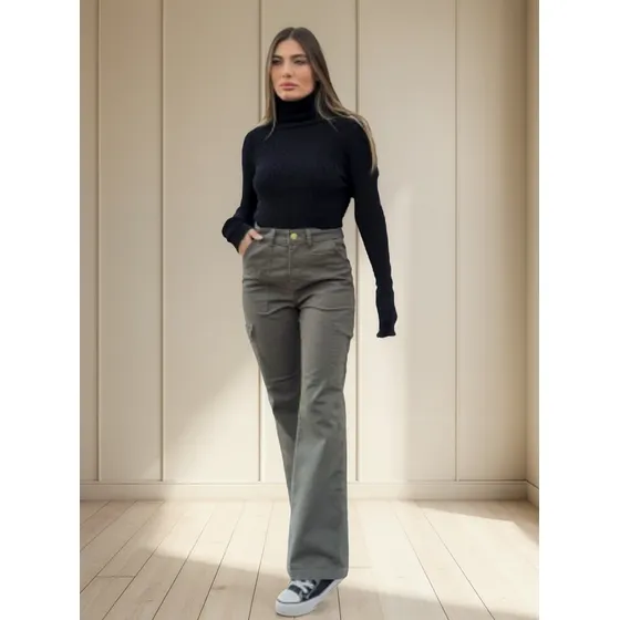 Brish Jeans Wide Leg Cargo Verde Militar De Mujer