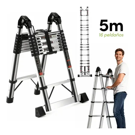 Escalera Telescópica De Aluminio 16 Peldaños Tipo Tijera 5 M Color Plateado