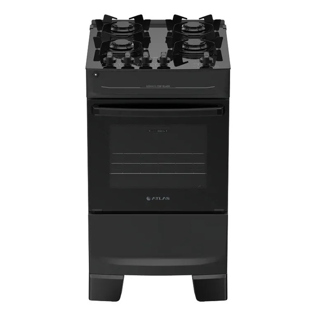 Fogão 4 bocas Atlas Mônaco Top Glass na cor preta com mesa de vidro e forno central