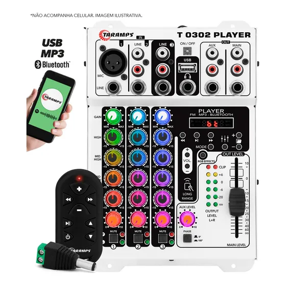 Mesa de Som 3 Canais Player Multicolor T0302 Mixer Taramps T 0302 Equalizador Mp3 Usb Fm Bluetooth 72 Efeitos Rgb Led 12V