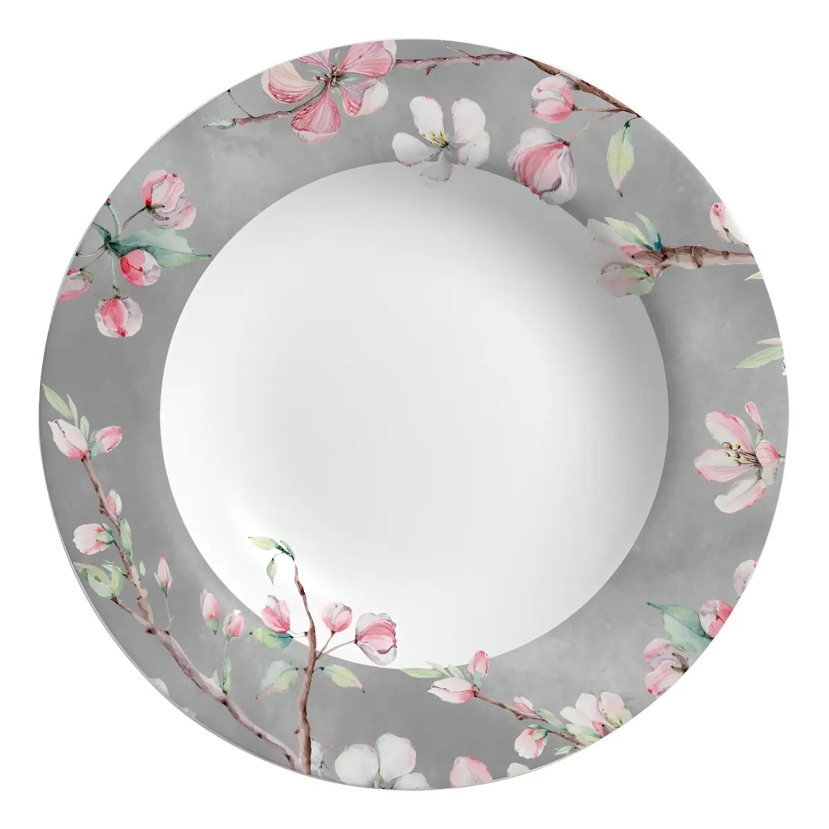 Prato fundo da coleção Sakura assinada por Kika Sato com estampa de flores de cerejeira em tons de rosa sobre fundo cinza e centro branco