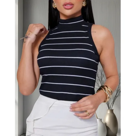 Cropped Regata Gola Alta Tecido Canelado Moda Verão