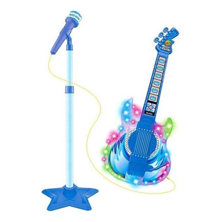 Guitarrinha Infantil Azul Com Microfone Pedestal Luz Som Guitarrinha Infantil Azul Com Microfone Pedestal Luz Som