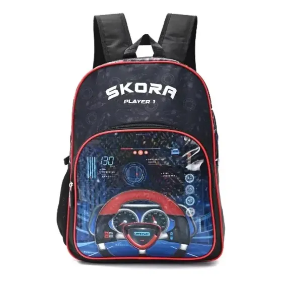Mochila Escolar Skora Auto Volante Player 16'' Reforzada Color Negro Diseño De La Tela Lisa