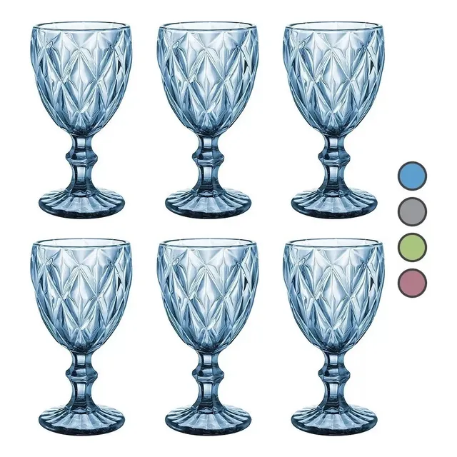 Set 6 Copas Vino Agua Cristal Labrado Vidrio Color Vintage