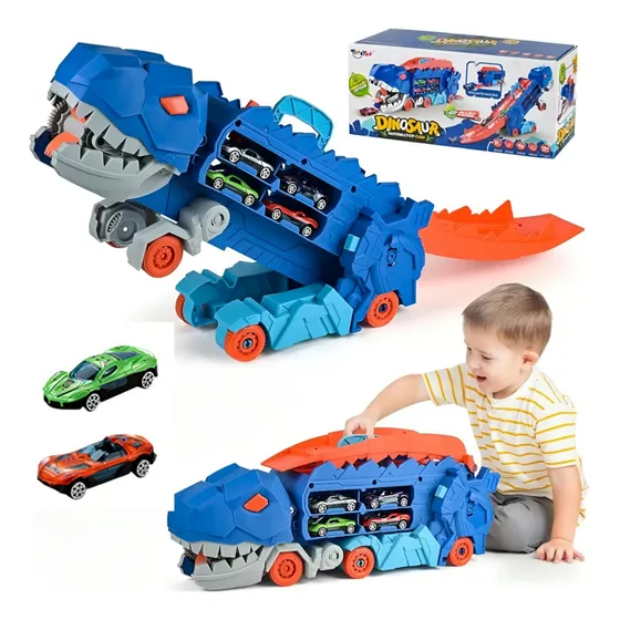 Camión Dinosaurio Trex 3 En 1 Pista, Almacena Y Come Autos