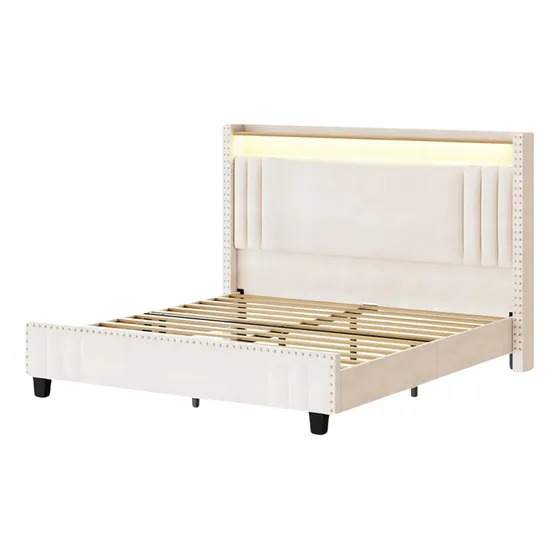 Base Cama De Terciopelo King Size Con Cabecera Y Luz Led Color Blanco