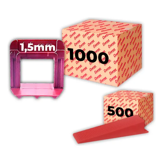 Kit 1000 Espaçadores Eco + 500 Cunhas Cortag Porcelanato Cor Vermelho 1.5mm