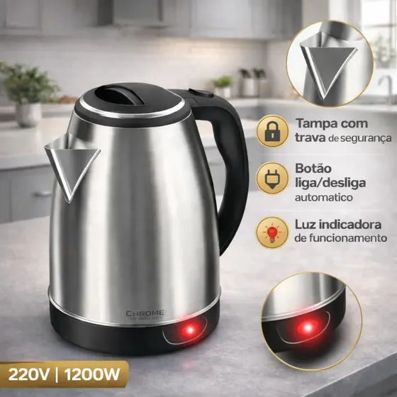 Chaleira Elétrica 1.8 Litros Em Inox Automática Aquecimento Rápido Segura Café Chá