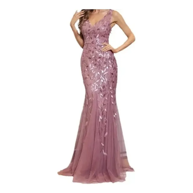 L Vestido Largo Fiesta Malva Lila Morado Lentejuel Xl