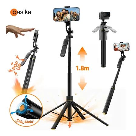 Basike 1.8m Pop Up Portátil Tripé Suporte Celular 360 Bastão Selfie Flexivel Para Go Pro Camera Profissional Aluminio Com Controle Remoto Bluetooth Para Youtube Kwai Tiktok Live Streaming Vídeo Vlog