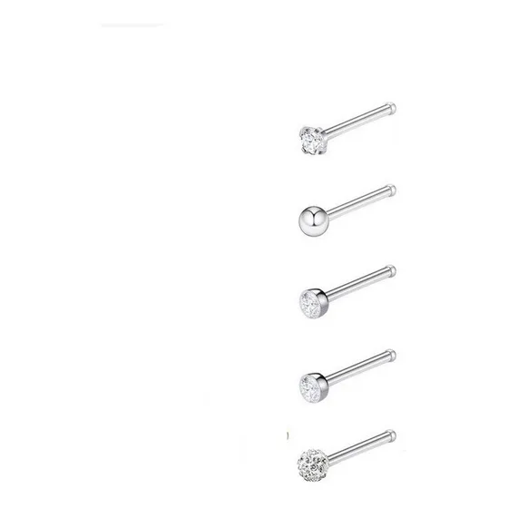 Set 5 Piercing Acero Quirúrgico Nariz Zirconia Punk Nostril Plateado
