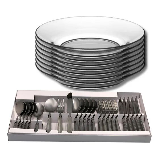 Jogo De Pratos Fundos 8 Un + Conjunto Talheres 24 Pçs Inox
