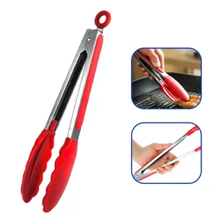 Pegador Silicone Vermelho Carne Churrasco Salada Pinça 27cm Pegador Silicone Vermelho Carne Churrasco Salada Pinça 27cm