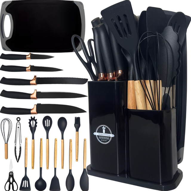 Kit Utensílios Silicone C/ Cabo De Madeira E Facas Em Inox Kit Utensílios Silicone C/ Cabo De Madeira E Facas Em Inox