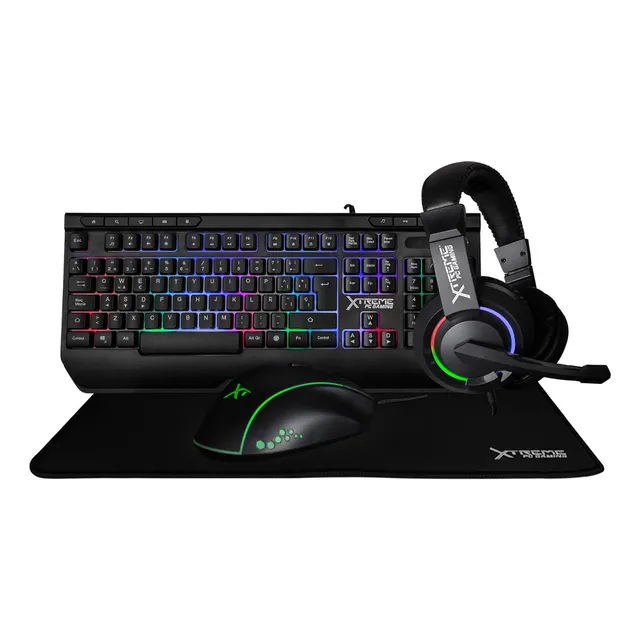 Kit Gamer 4 En 1 Xtreme Pc Gaming KXTMHM4BK Battle Force Teclado Mouse Audifonos Mousepad Membrana Español Rgb Usb Negro
