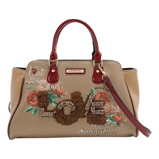 Bolsa Satchel Nicole Lee Estampado Love Aplicaciones Fw24 Acabado de los herrajes Níquel Correa de hombro Rojo Diseño de la tela Floreado
