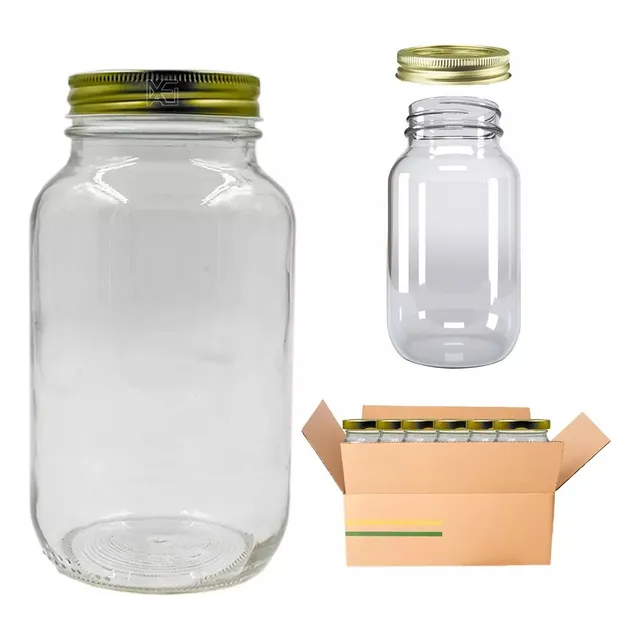 Tarro Frasco De Vidrio 940mi 32oz 1 Litro (12pzas) Conservas Tapa Dorada