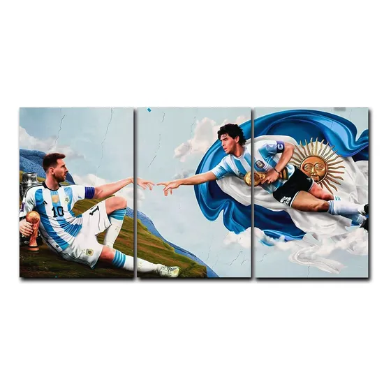 Cuadro Messi Maradona 60x30 Creacion De Dios Adan Futbol Negro Sin Marco