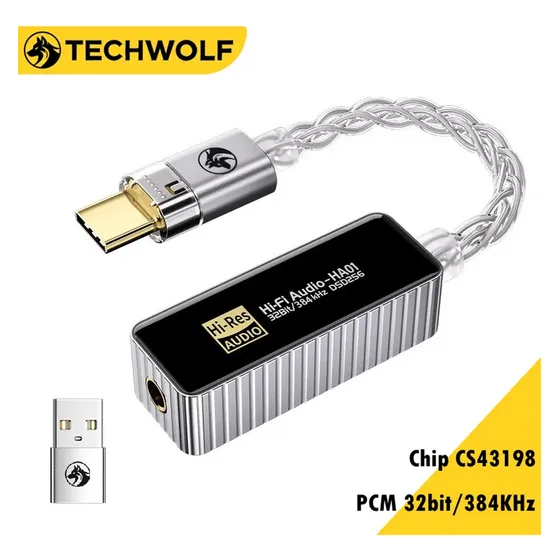 Adaptador De Audio Dac Type-c A 3.5mm Amplificador De Auriculares Hifi Con Chip Cs43198+ct7601 32bit/384khz Dsd256, Techwolf Decodificador De Audio Portátil Para Teléfonos, Tabletas Y Laptops