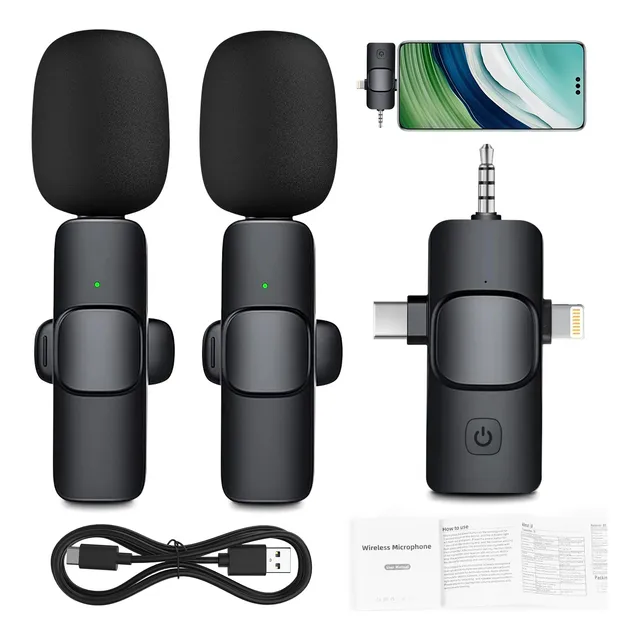 3en1 Micrófono Inalámbrico Lavalier Solapa De Celular 2pcs