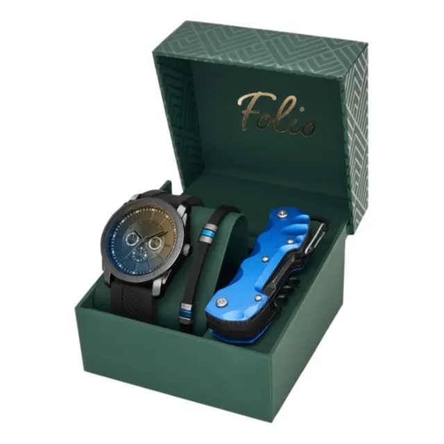 Set Reloj Caballero Folio Pulso Silicon Negro
