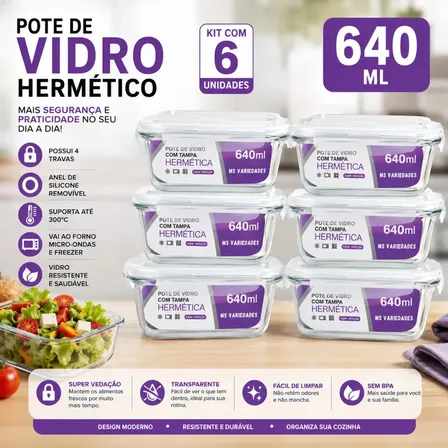 Kit 6 Potes 640ml Vidro Borossilicato Hermético 4 Travas Marmita Forno Freezer