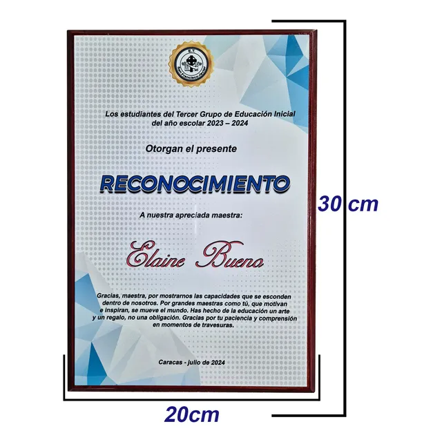 Placa De Reconocimiento En Aluminio Con Base De Madera.