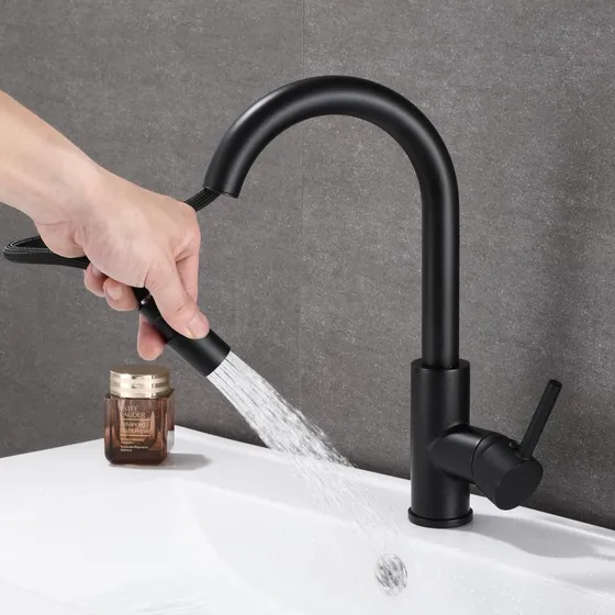 Grifo Baño Negro Mate Rociador Extraible Para Fregadero 1