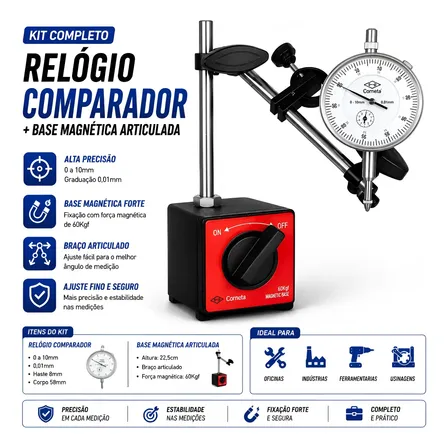 Relogio Comparador 0,01 0-10mm C/ Base Magnetica Articulada
